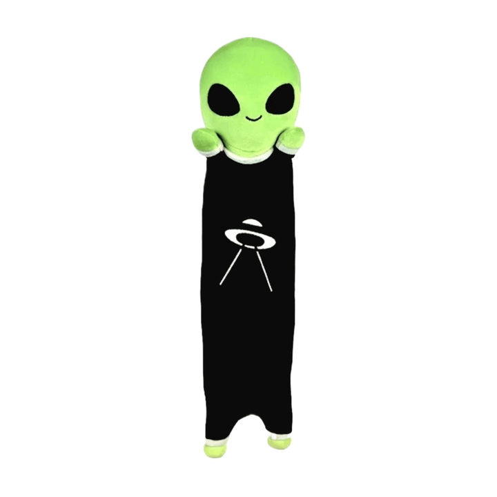 20" Stretch Alien Plush with a neon-green head and black jumpsuit, perfect for cuddling and playful decor.