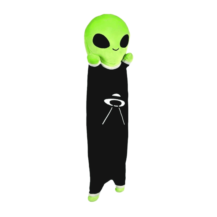 20-inch neon-green Stretch Alien plush toy in black jumpsuit, perfect for cuddling and decorating.