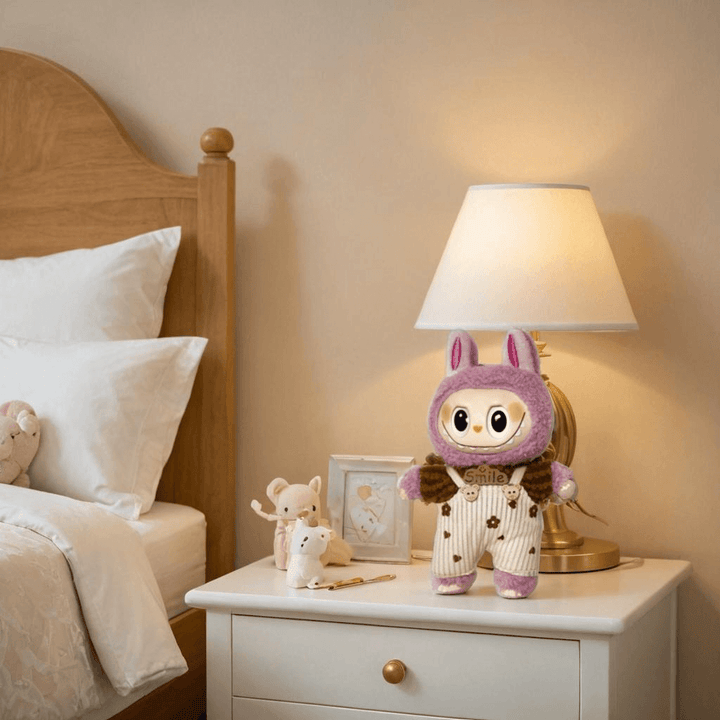 Cozy Smile Edition Monster Buddy Doll on bedside table next to a lamp and plush toys in a warm bedroom setting.
