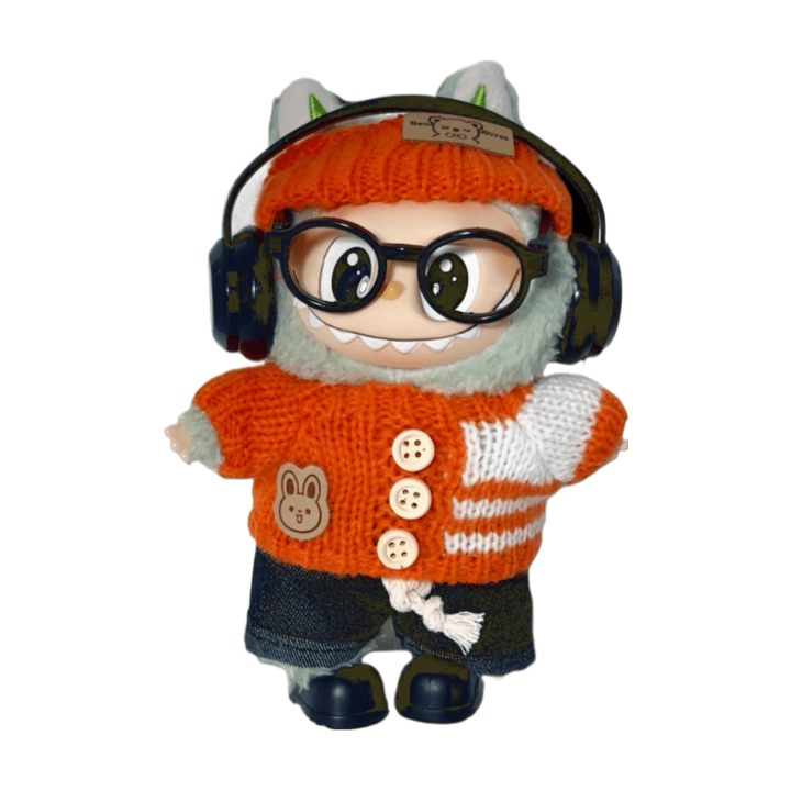 Monster Buddy Doll in orange sweater with glasses, cheerful character at 17cm, perfect gift or collectible.