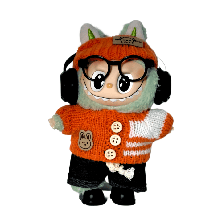 Energetic Orange Monster Buddy Doll in orange sweater and glasses, perfect for gifts and collections.