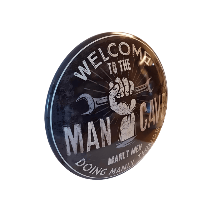 Welcome to the Man Cave Sign – 15" Metal Dome Wall Decor