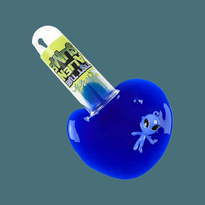 Bright blue Alien Tube Slime in a test tube with a cute alien figurine inside, perfect for tactile play and fidgeting.