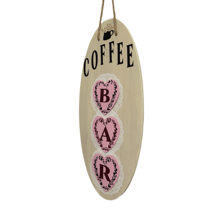 Charming Coffee Bar Sign with pink hearts, perfect for home coffee stations or cozy cafés.