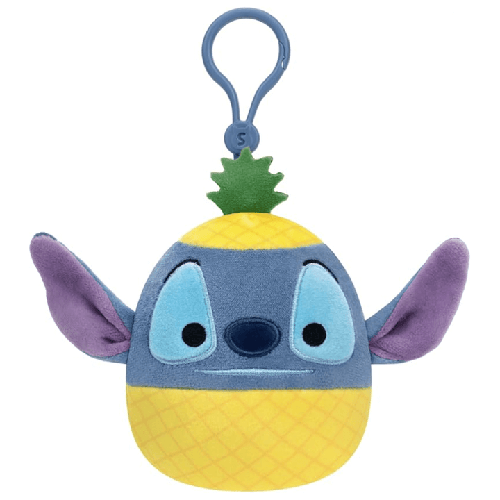 Squishmallow plush Disney Stitch in a pineapple design, 3.5" clip keychain, super soft and squeezable toy.