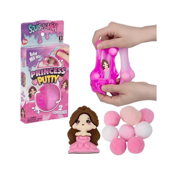 Hands stretching Squishy-Mix Princess Putty with a princess figure and colorful pom poms for sensory play.