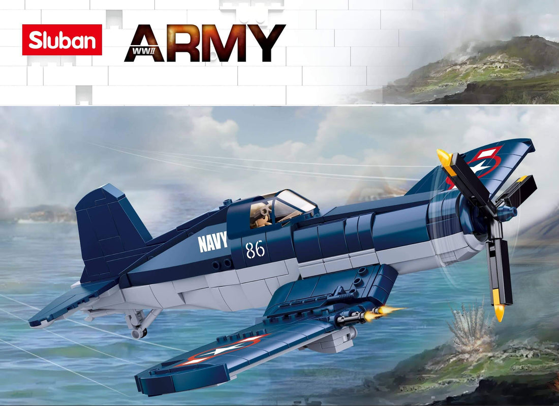 Sluban WWII F-4U Fighter Plane Building Set showcasing an iconic WWII aircraft model in action.