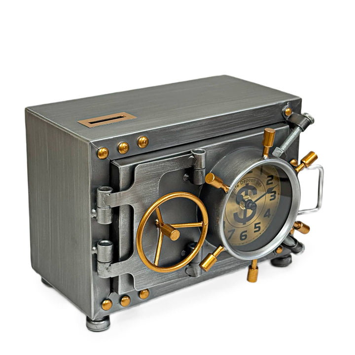 Metallic safe with a clock face on a white background