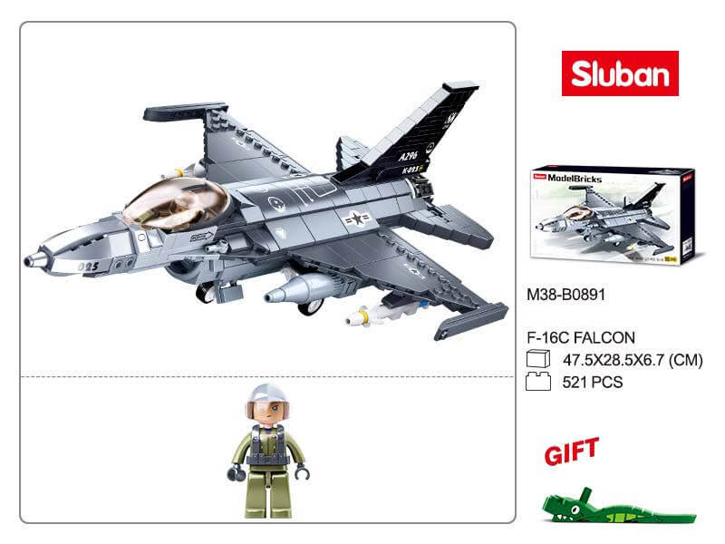 Sluban - F-16C Falcon Fighter Jet Building Set with pilot mini-figure and 521 pieces for aviation enthusiasts.