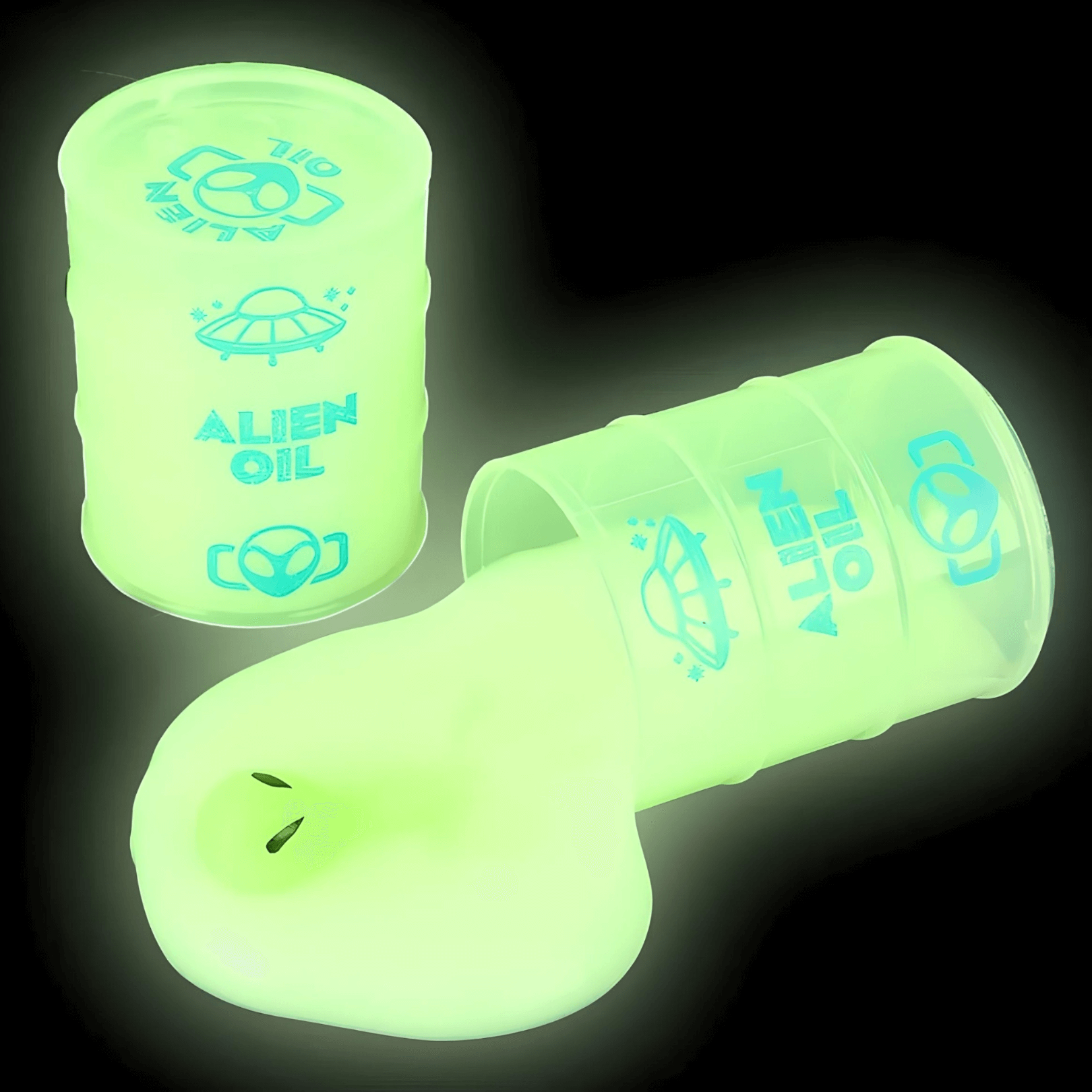 2.25" Alien Glow in the Dark Slime in an oil barrel, glowing bright green, perfect for kids' fun and play.
