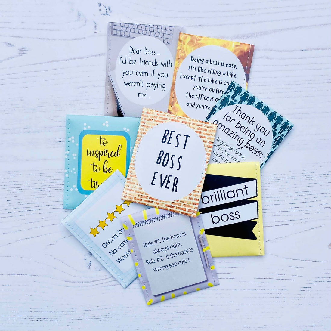 Colorful inspirational cards for bosses, featuring motivational quotes and messages of appreciation.