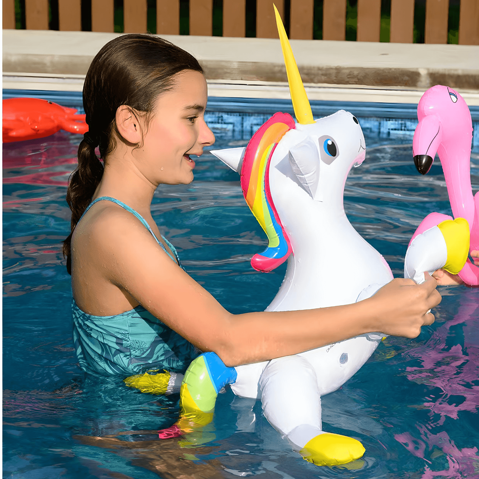Girl enjoying a 21" Inflatable Unicorn Toy in a pool while having fun with friends.