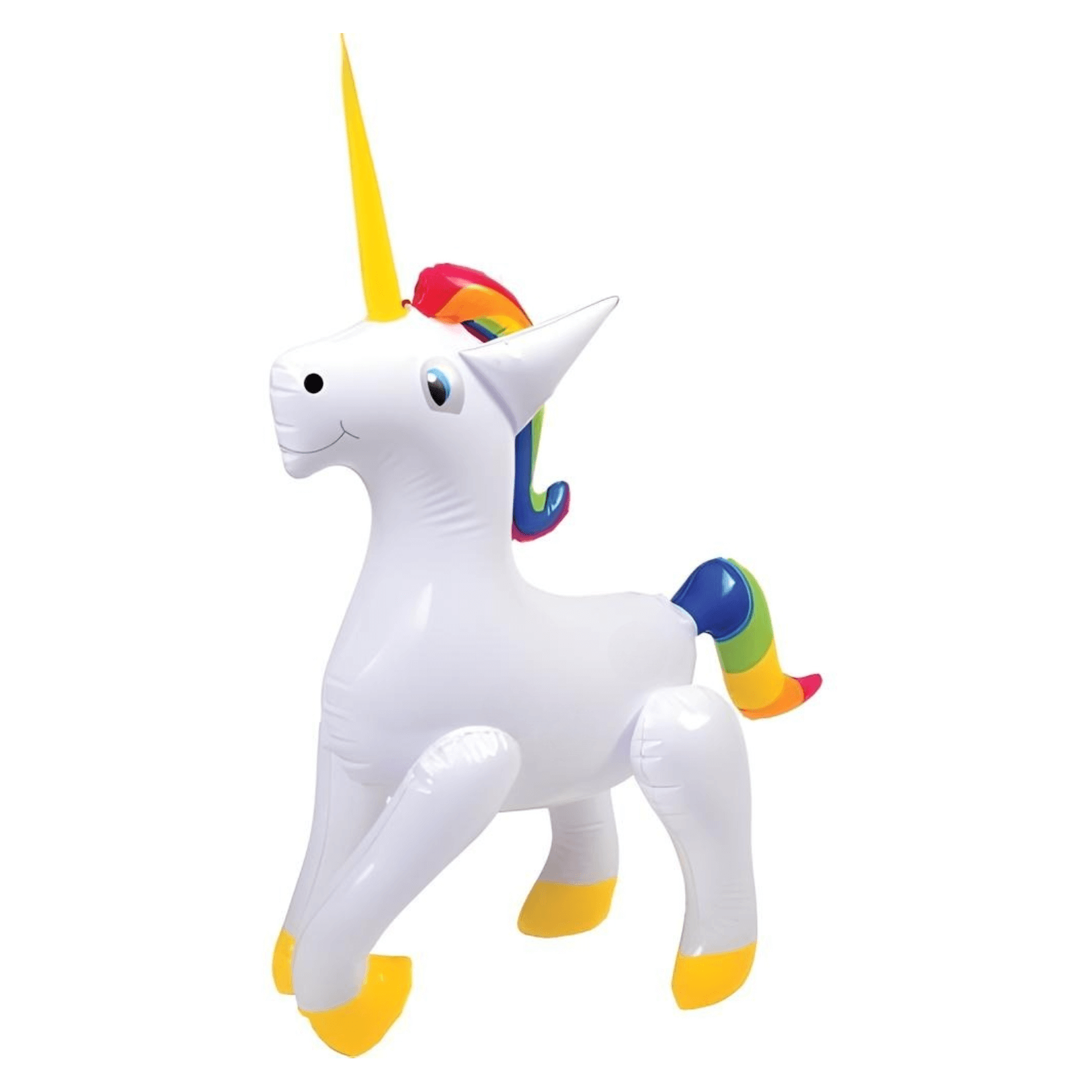 21" Inflatable Unicorn Toy with rainbow mane and tail, ideal for parties and decor, perfect for kids ages 3 and up.
