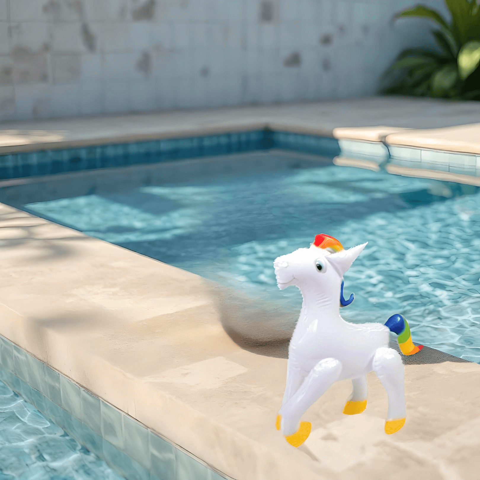 21" inflatable unicorn toy by swimming pool, featuring a rainbow mane, ideal for party decor and kids 3+.