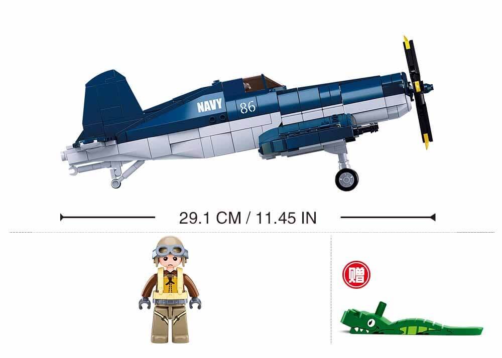 alt_tag: Sluban WWII F-4U Fighter Plane Building Set with pilot figure, showcasing iconic gull-wing design.