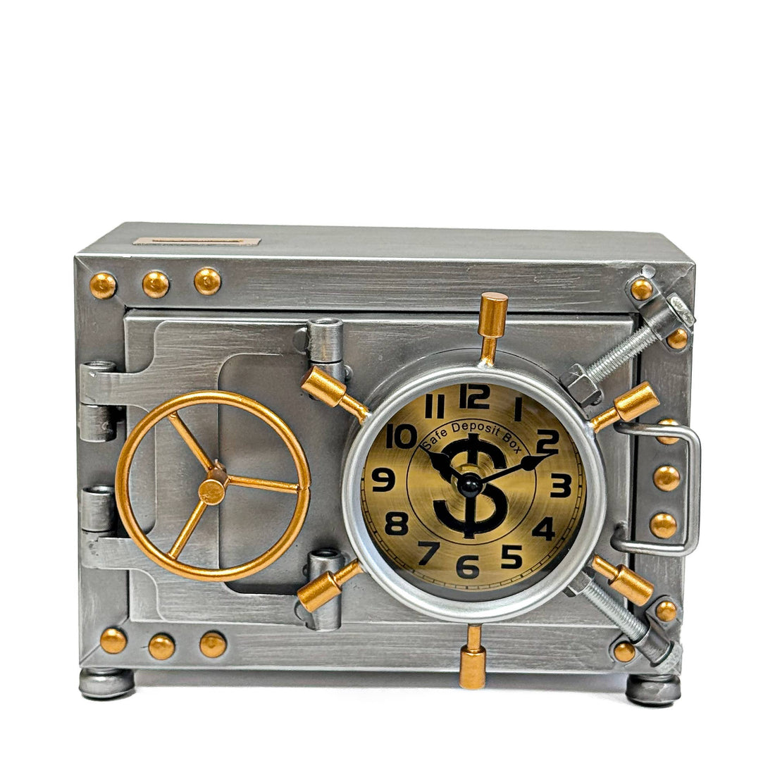 Metallic clock designed like a vault door with gold accents on a white background
