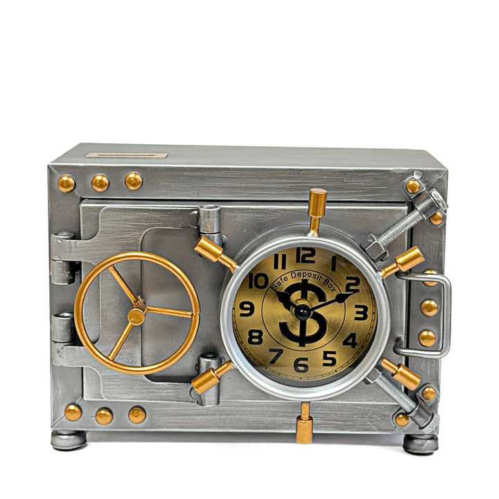Metallic clock designed like a vault door with gold accents on a white background