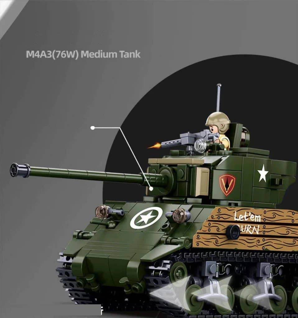 Sluban WWII Sherman M4A3 Tank Building Set with detailed model and soldier figure, showcasing WWII military design.