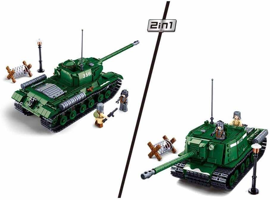 Sluban IS2 Heavy Battle Tank WW2 2-in-1 building set showcasing detailed tank design and mini-figures.