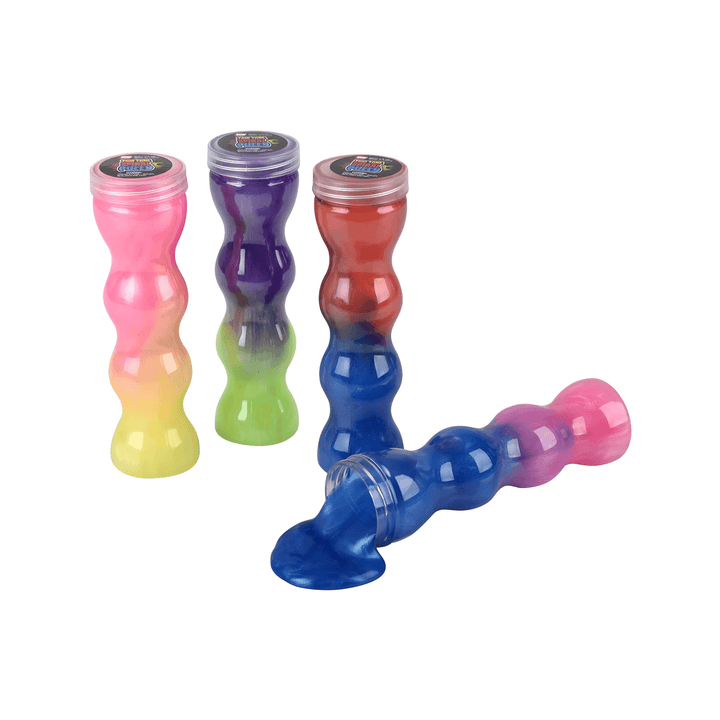 Four 6.25" spiral bottles of two-tone putty in vibrant colors, showcasing gooey slime for sensory play.