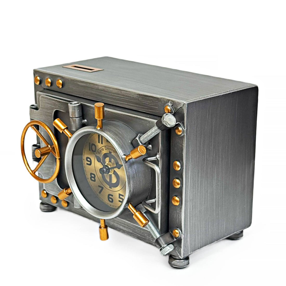 Metallic safe with clock face on a white background