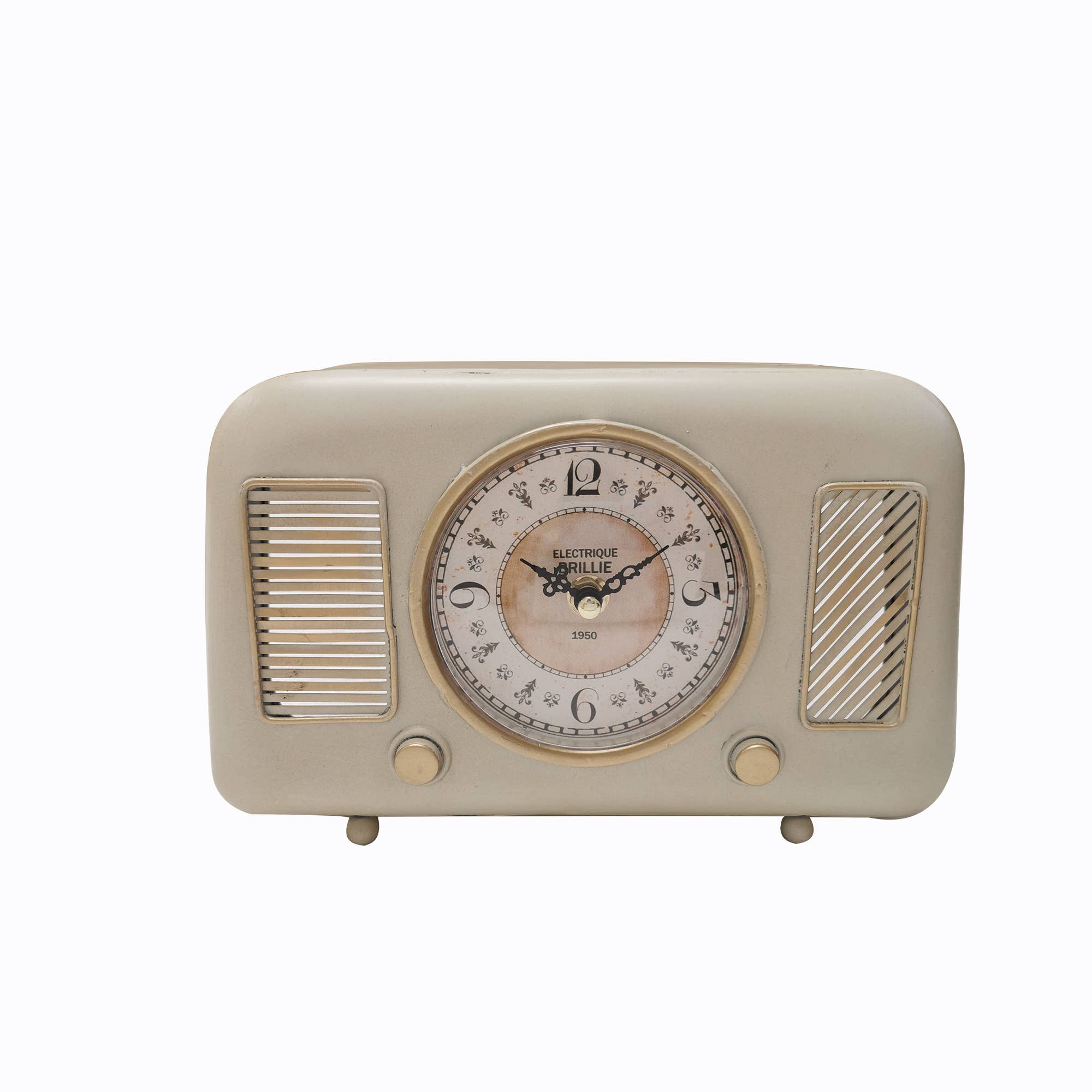 Vintage-style beige clock radio on a white background