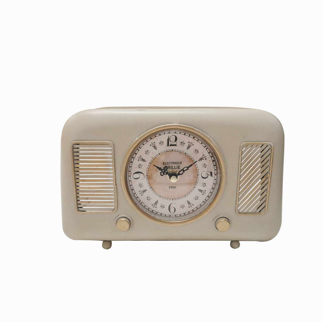 Vintage-style beige clock radio on a white background