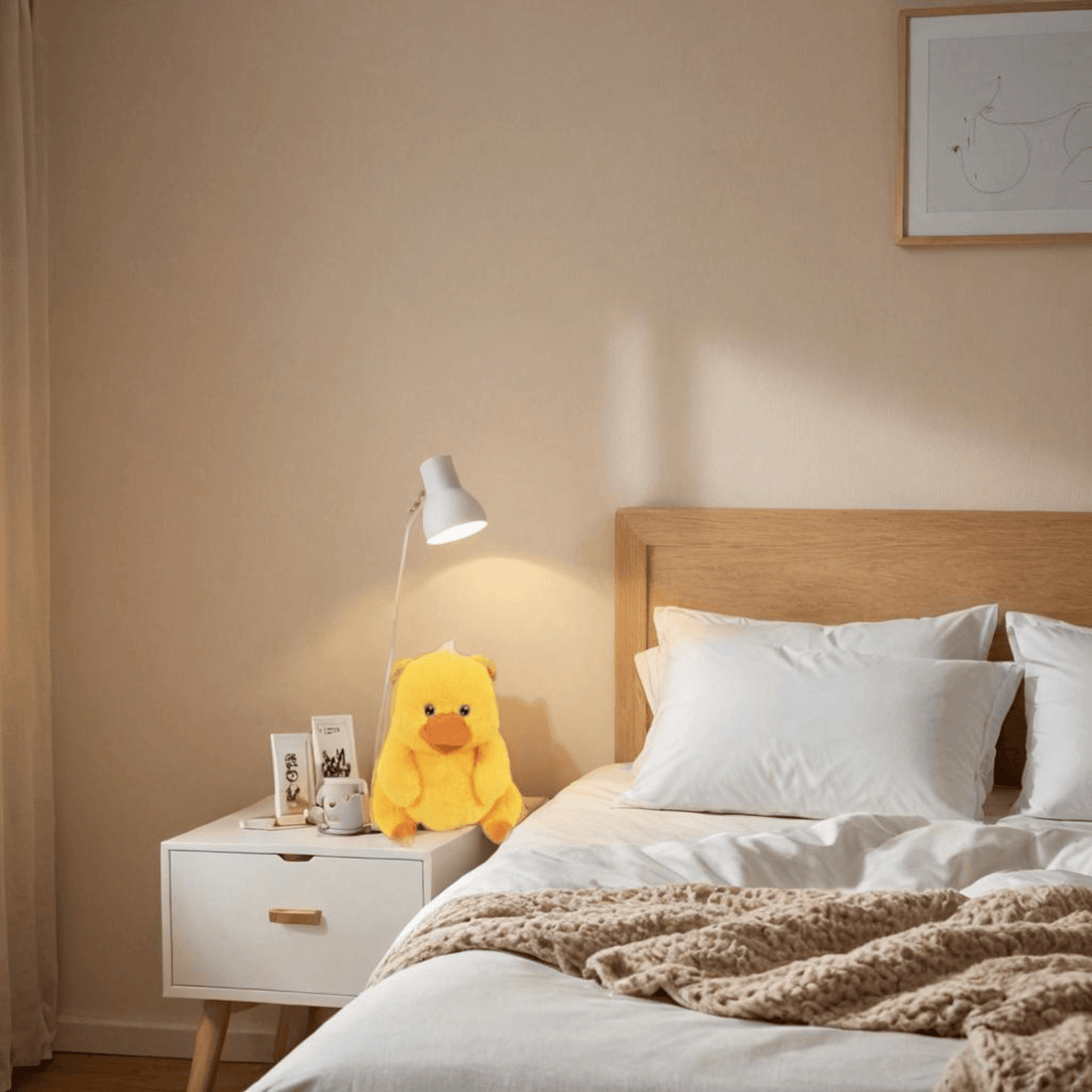 7-inch Tubby Tots Duck plush on bedside table, perfect for snuggles and home decor in a cozy bedroom setting.