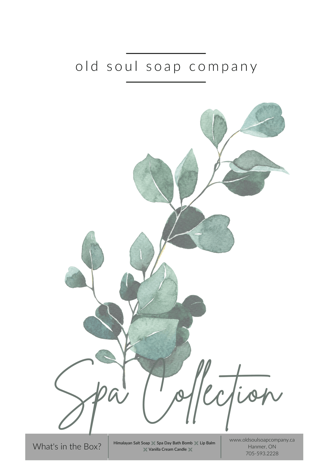 Spa Collection by Old Soul Soap Company featuring eucalyptus leaves and natural spa products.