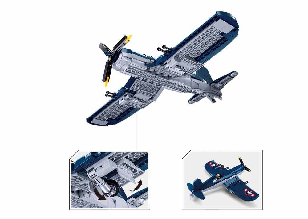 Sluban WWII F-4U Fighter Plane Building Set model showcasing the gull-wing design and detailed features.