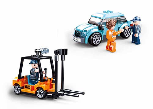 Image of the Sluban Car Carrier Truck and Trailer Set, featuring a forklift and two mini-figures with a blue car.
