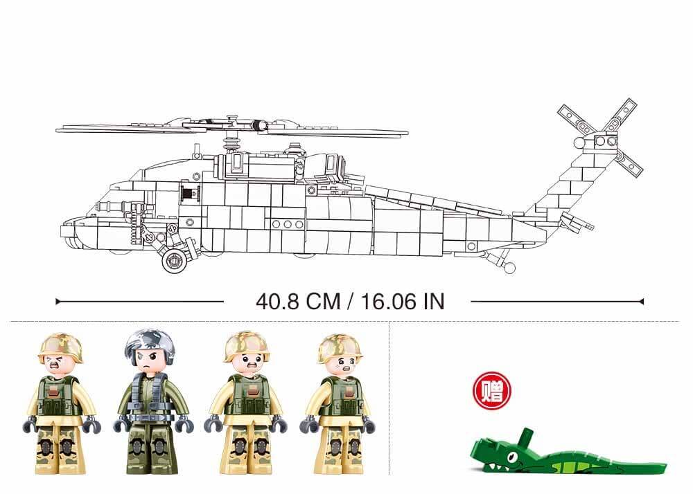 Sluban UH-60 Black Hawk Military Helicopter Building Set with mini-figures and accessories, 16 inches long.