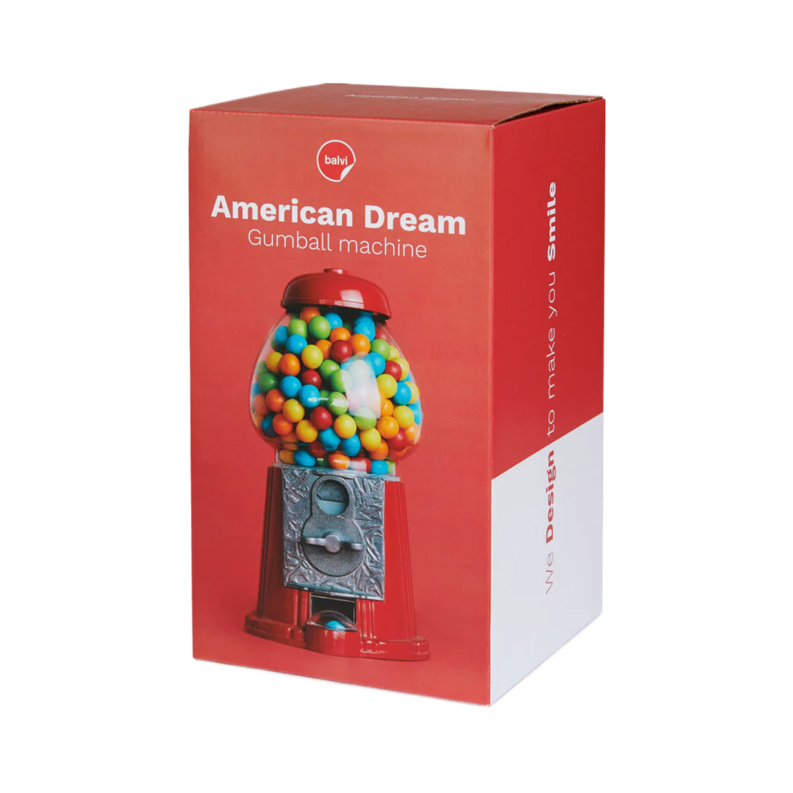 American Dream Gumball Machine packaging featuring colorful gumballs and a retro design for candy dispensing.
