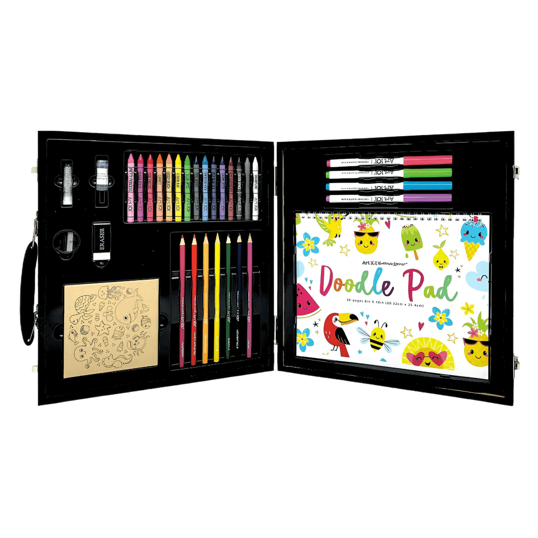 Art 101 Budding Artist 33 Piece Doodle & Create Colorable Art Set open with art tools and doodle pad.