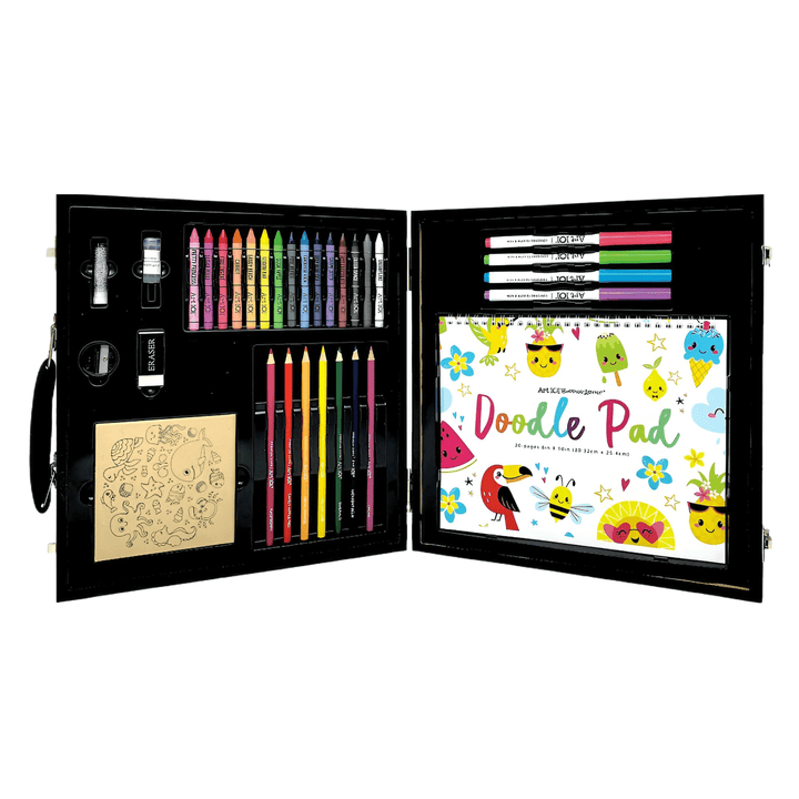 Art 101 Budding Artist 33 Piece Doodle & Create Colorable Art Set open with art tools and doodle pad.