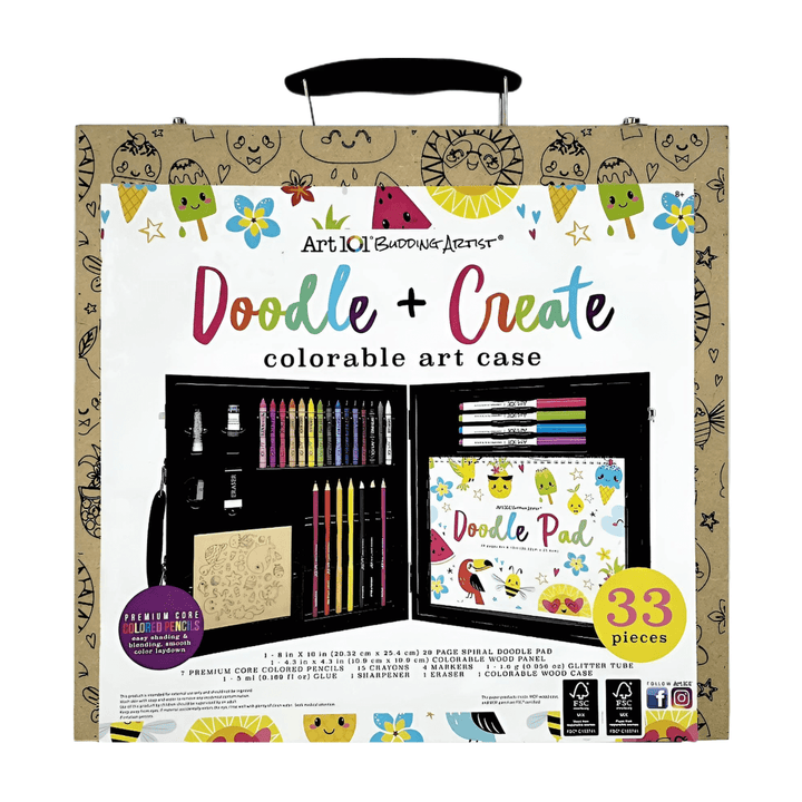 Art 101 Budding Artist 33 Piece Doodle & Create Colorable Art Set with art tools and doodle pad.