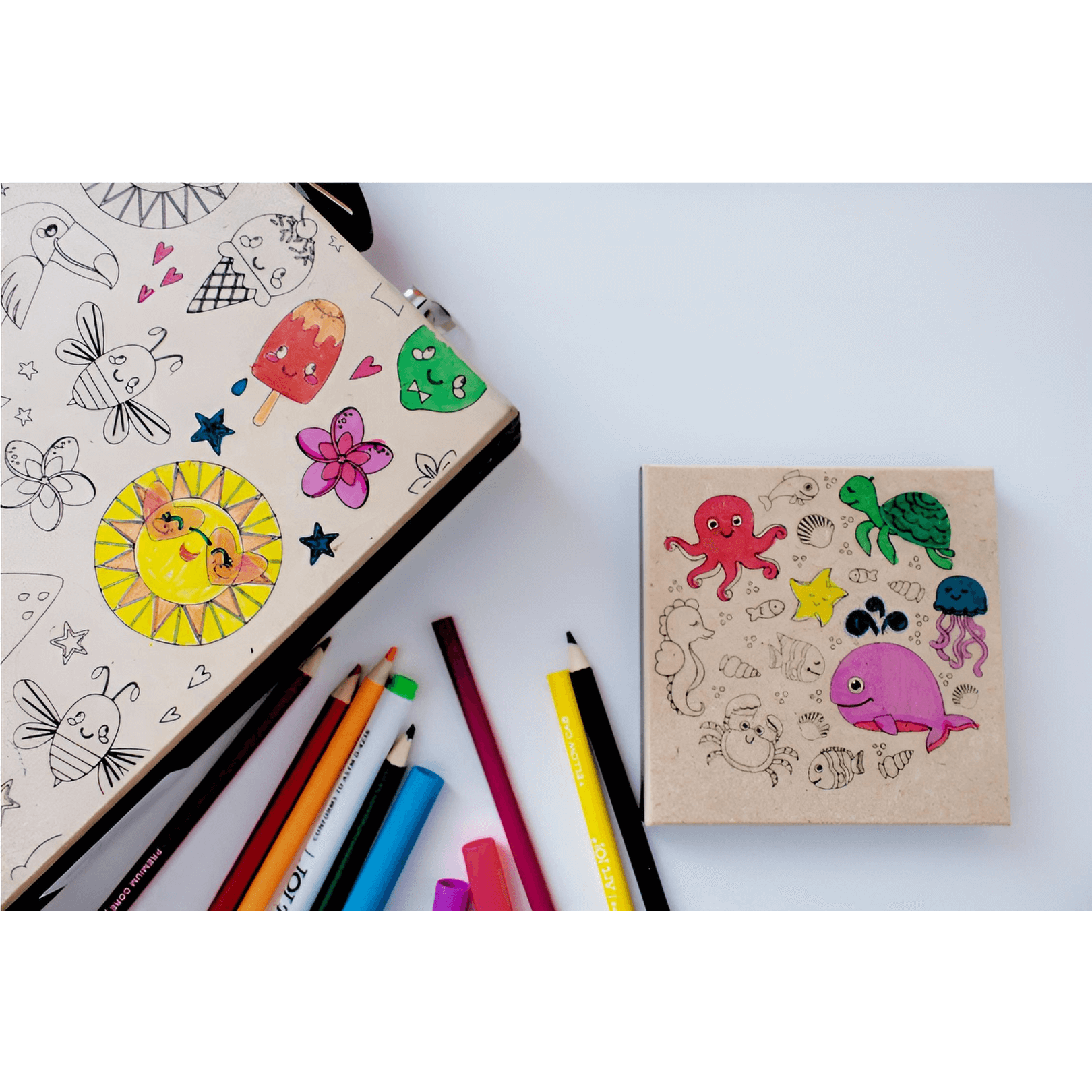 Art 101 Budding Artist 33 Piece Doodle & Create Colorable Art Set featuring colorful doodles and creative tools.