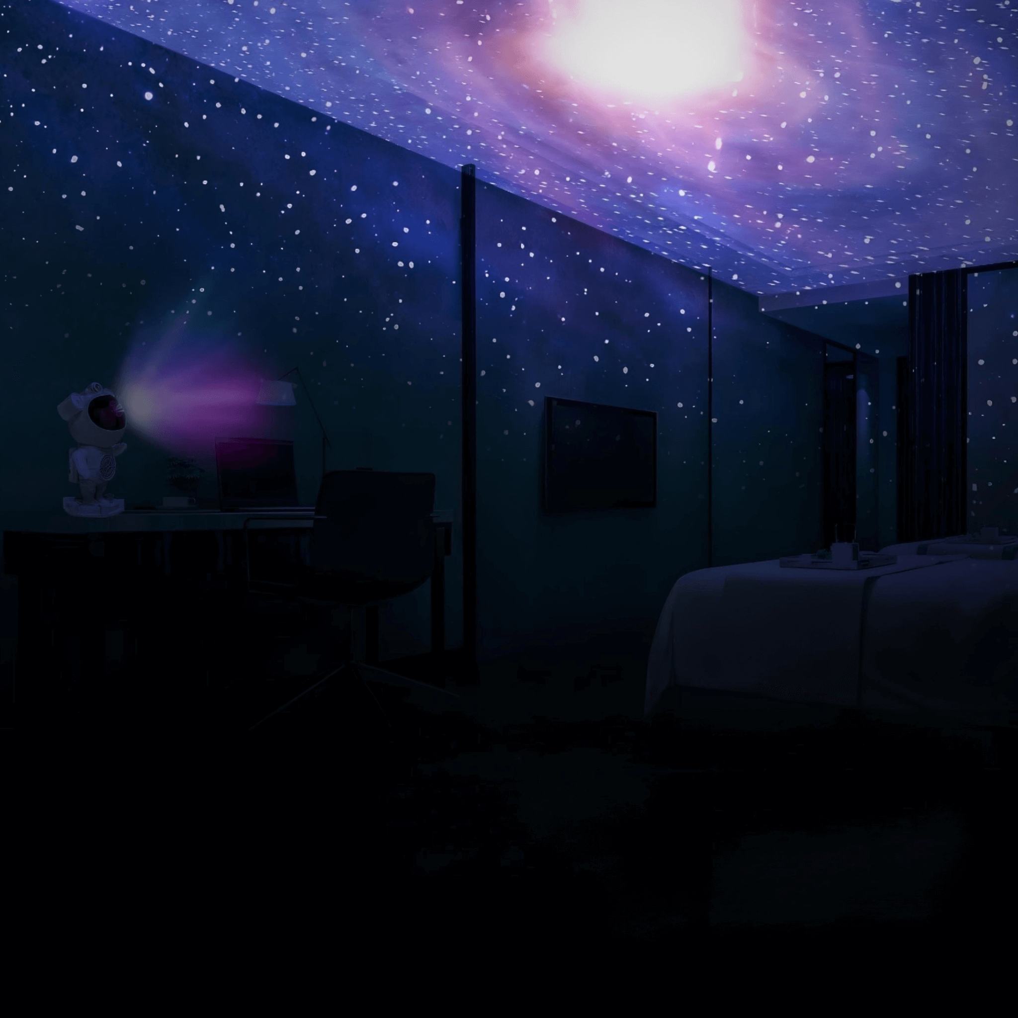 Room with starry night sky projection on the ceiling