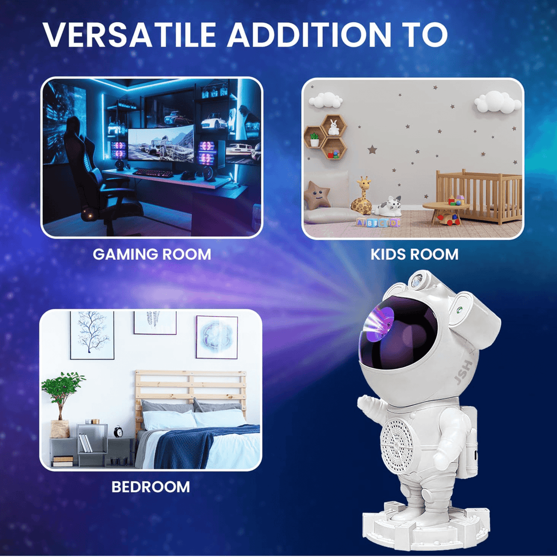 Astronaut-themed product versatile for gaming room, kids room, and bedroom settings.