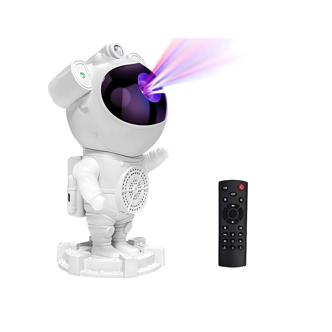 Astronaut-shaped projector with remote control on a white background
