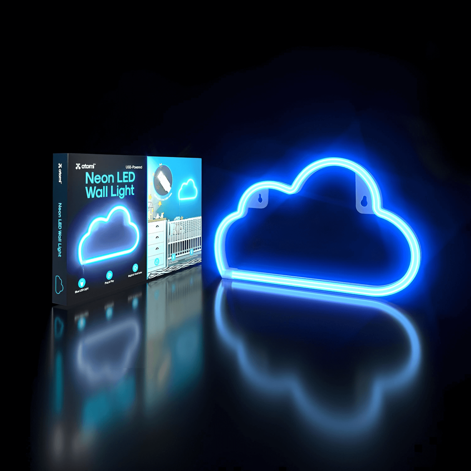 Atomi Smart Neon LED Light - Baby Blue displayed with cloud design, illuminating a wall and packaging beside it.