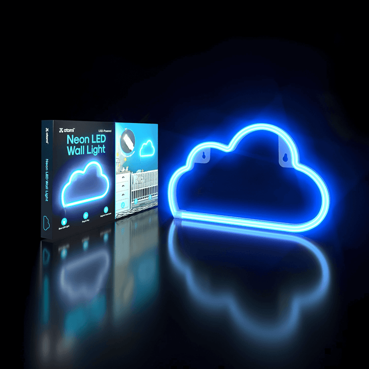 Atomi Smart Neon LED Light - Baby Blue displayed with cloud design, illuminating a wall and packaging beside it.