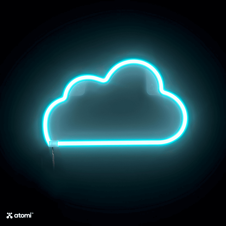 Atomi Smart Neon LED Light - Baby Blue glowing cloud design on a dark background.
