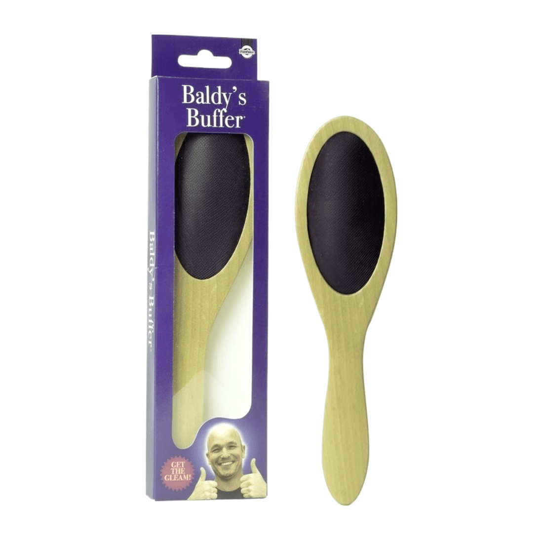 Baldys Buffer wooden paddle brush with buffing patch in packaging, ideal for scalp polishing and grooming.