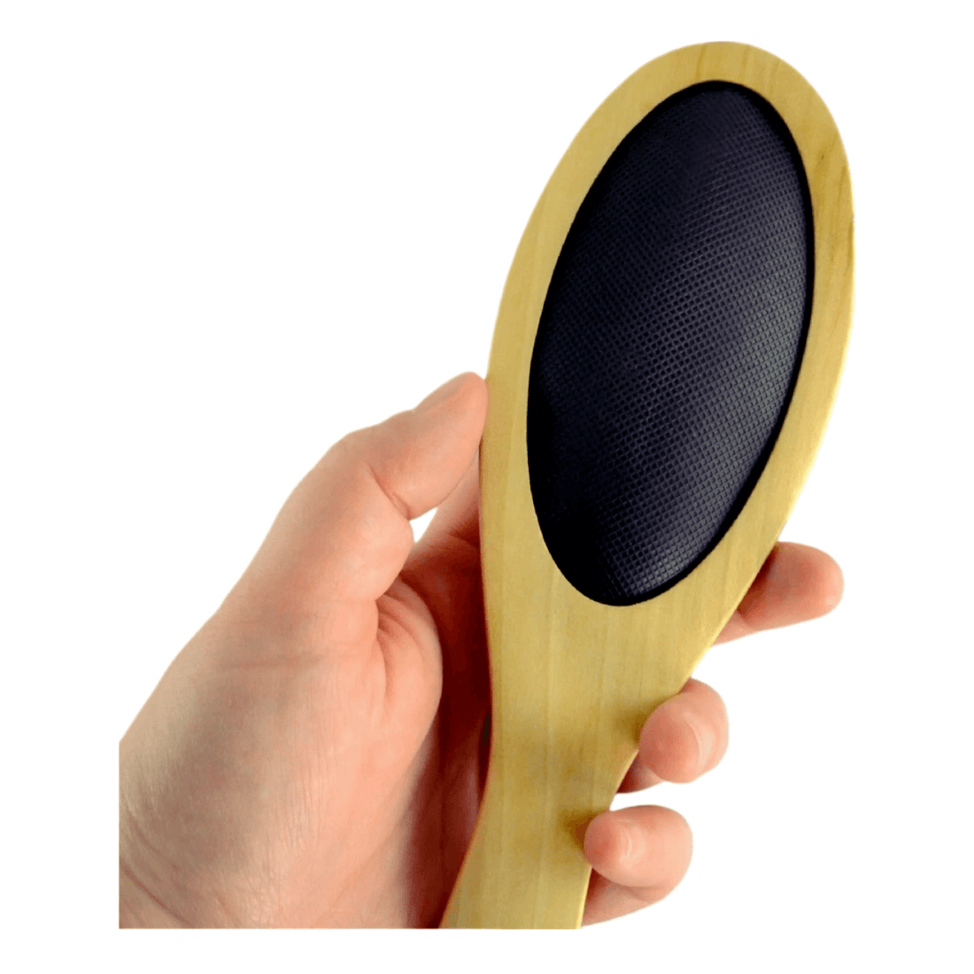 Baldys Buffer wooden paddle brush held in hand, designed for scalp polishing and grooming.