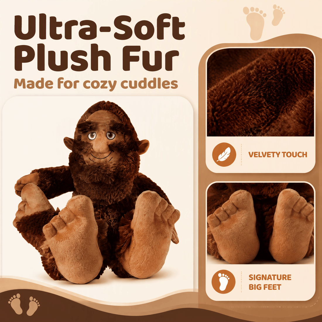 A brown plush gorilla toy with oversized feet, shown on a beige promotional background with text reading 'Ultra-Soft Plush Fur' and inset close-ups of the velvety texture and the big feet.