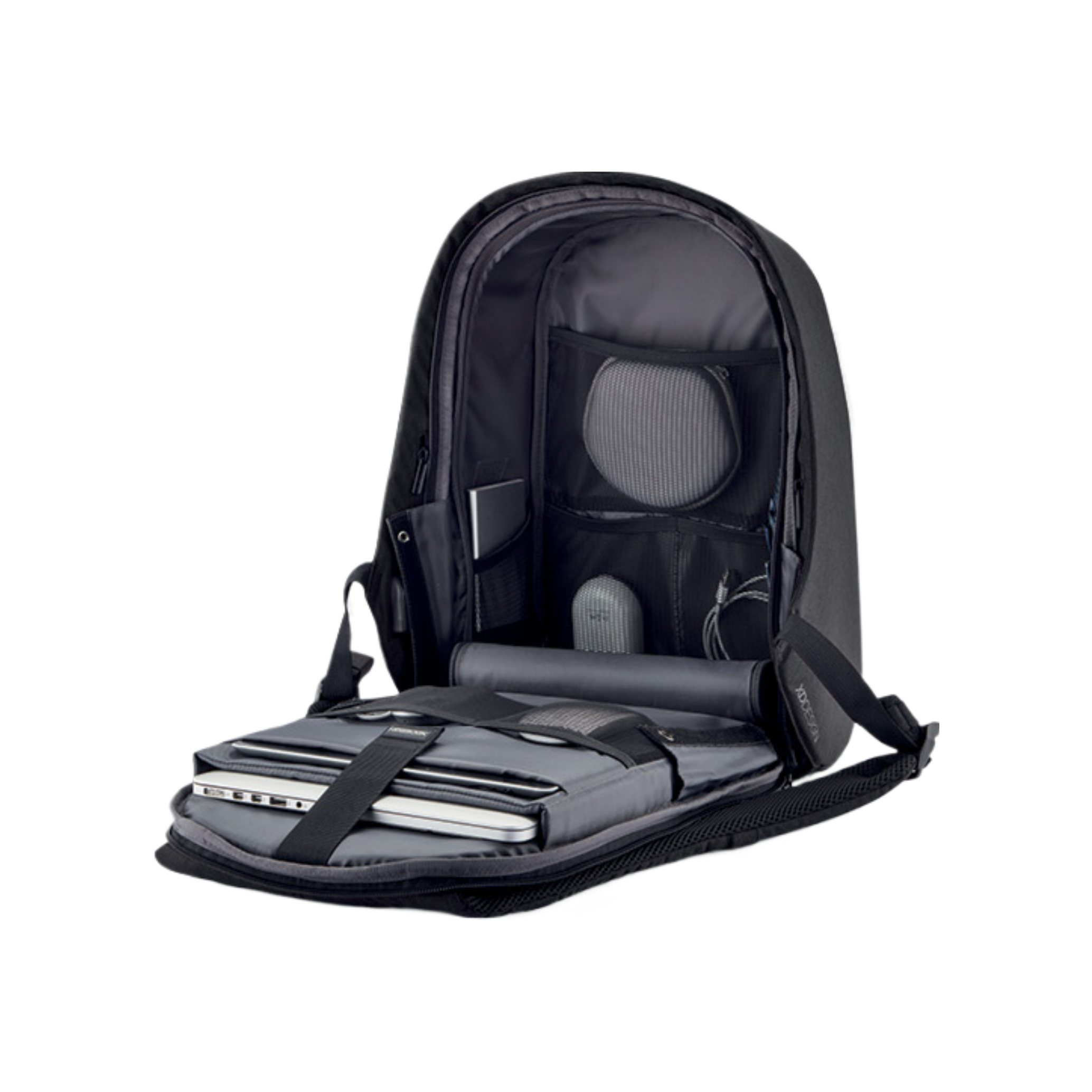 Inside view of the Bobby Compact-Zebra anti-theft backpack with padded compartments for laptop and tablet.