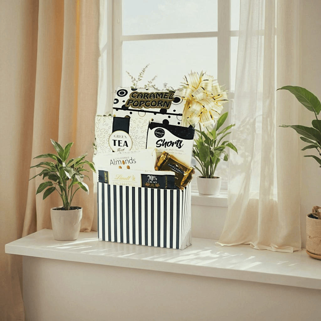 Bon Appétit Gourmet Gift Basket filled with caramel popcorn, tea, shortbread, and premium snacks.