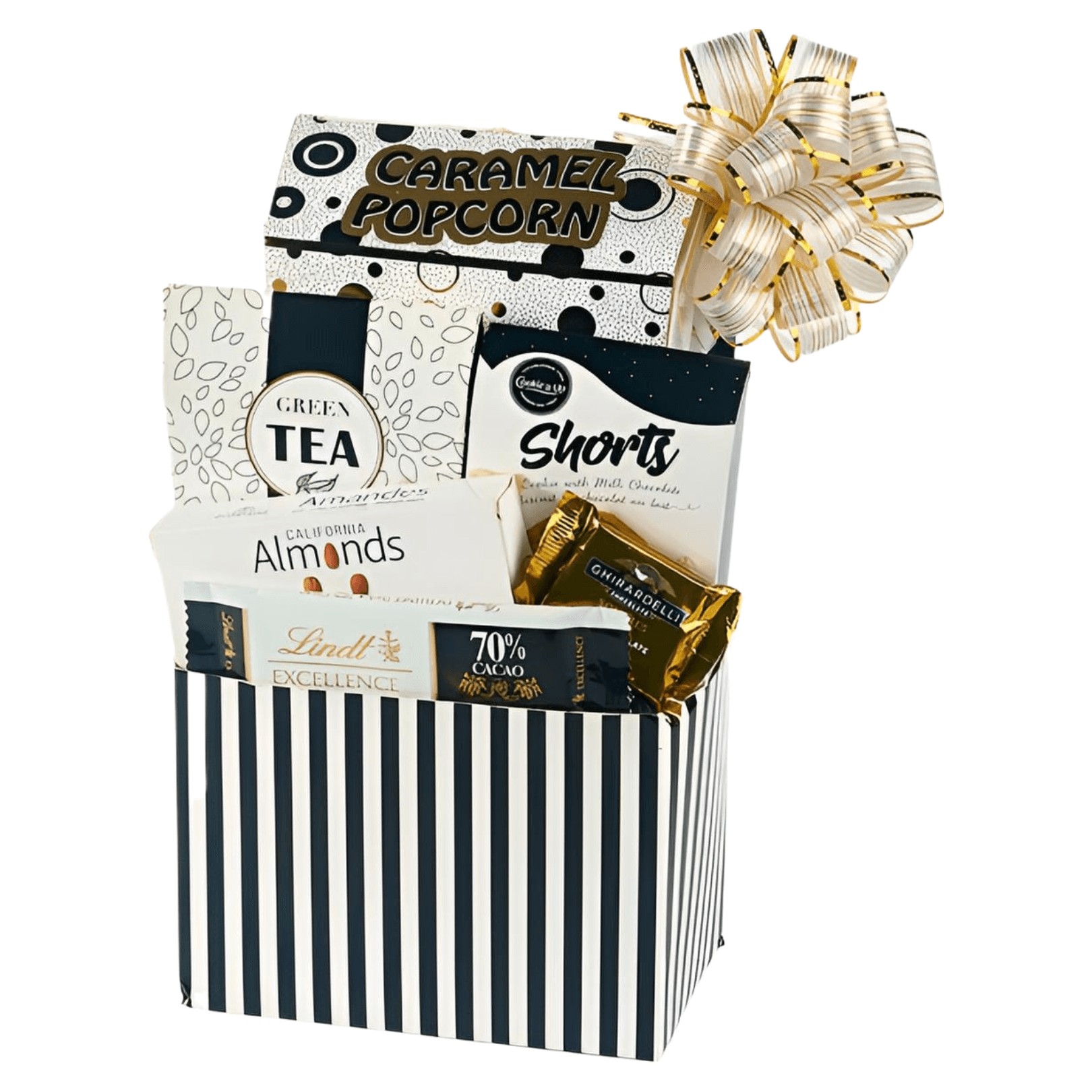 Bon Appétit Gourmet Gift Basket featuring caramel popcorn, green tea, chocolate, and more gourmet treats.