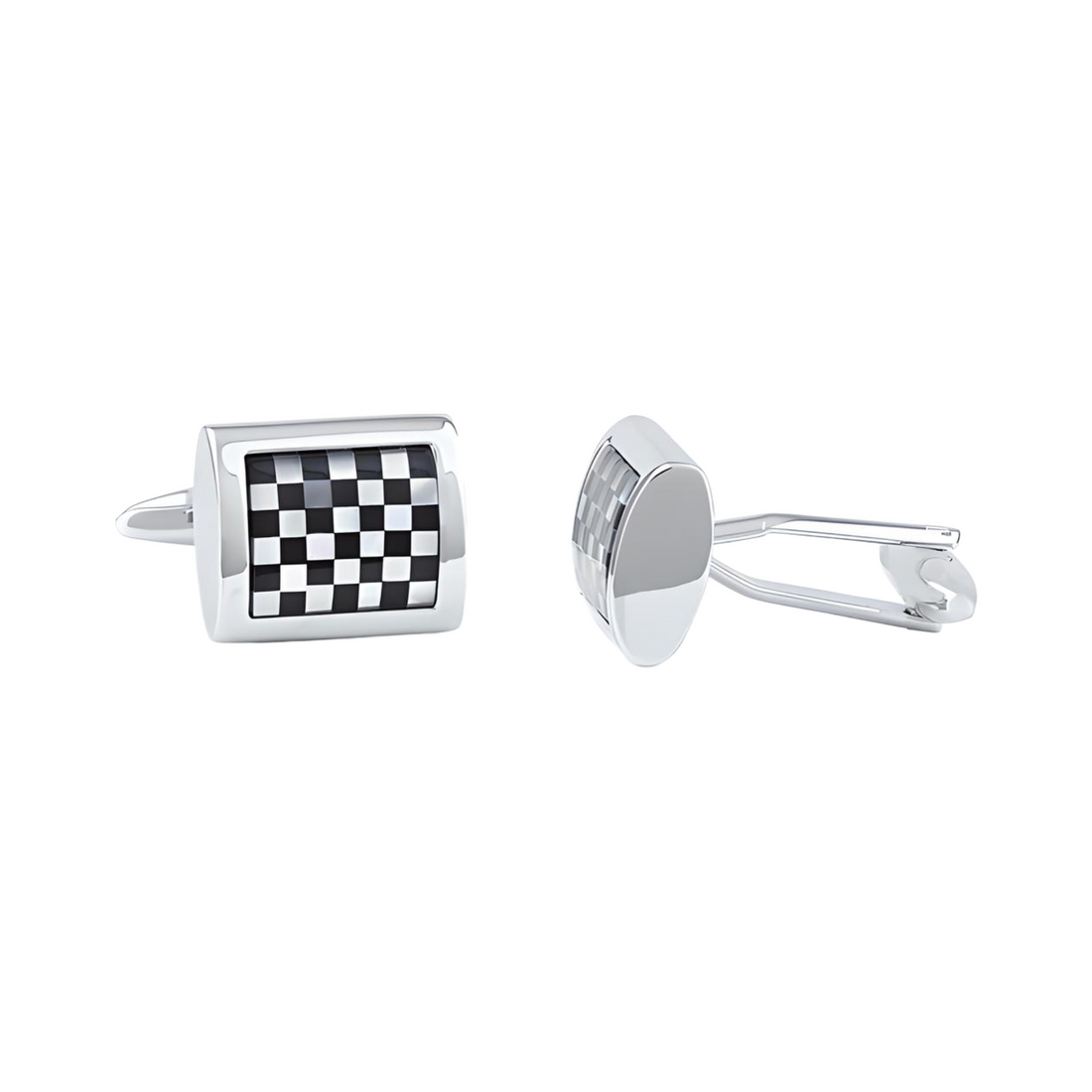 Brass Checker Board Cushion Shape Cufflink With Mother of Pearl And Black Onyx - Rhodium Plated - Everbond Gifts